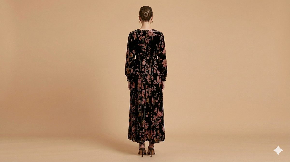 Velvet Long Dress Long Sleeves Black with Flowers