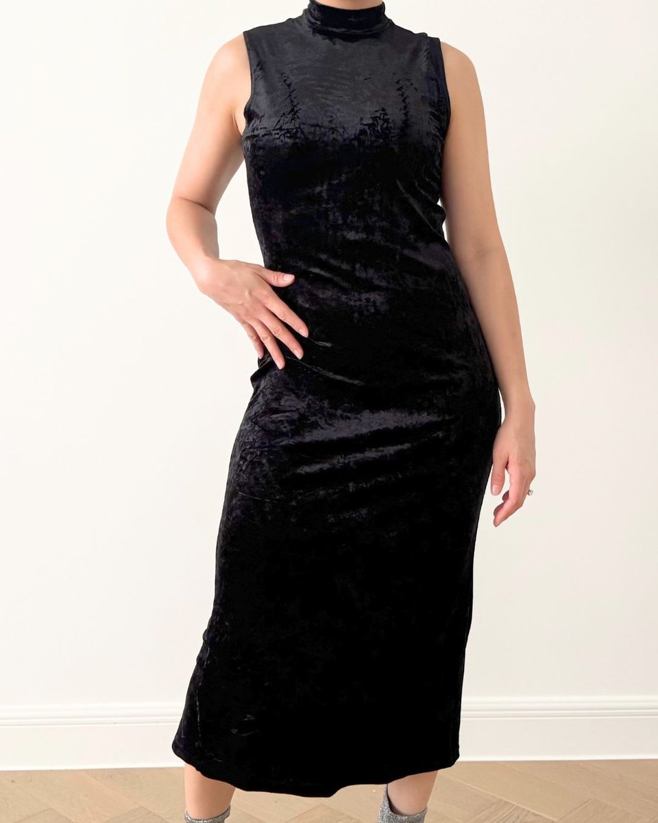Velvet High Neck Black Long Dress