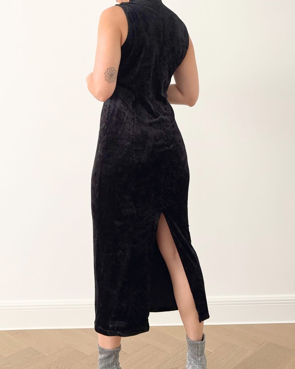 Velvet High Neck Black Long Dress