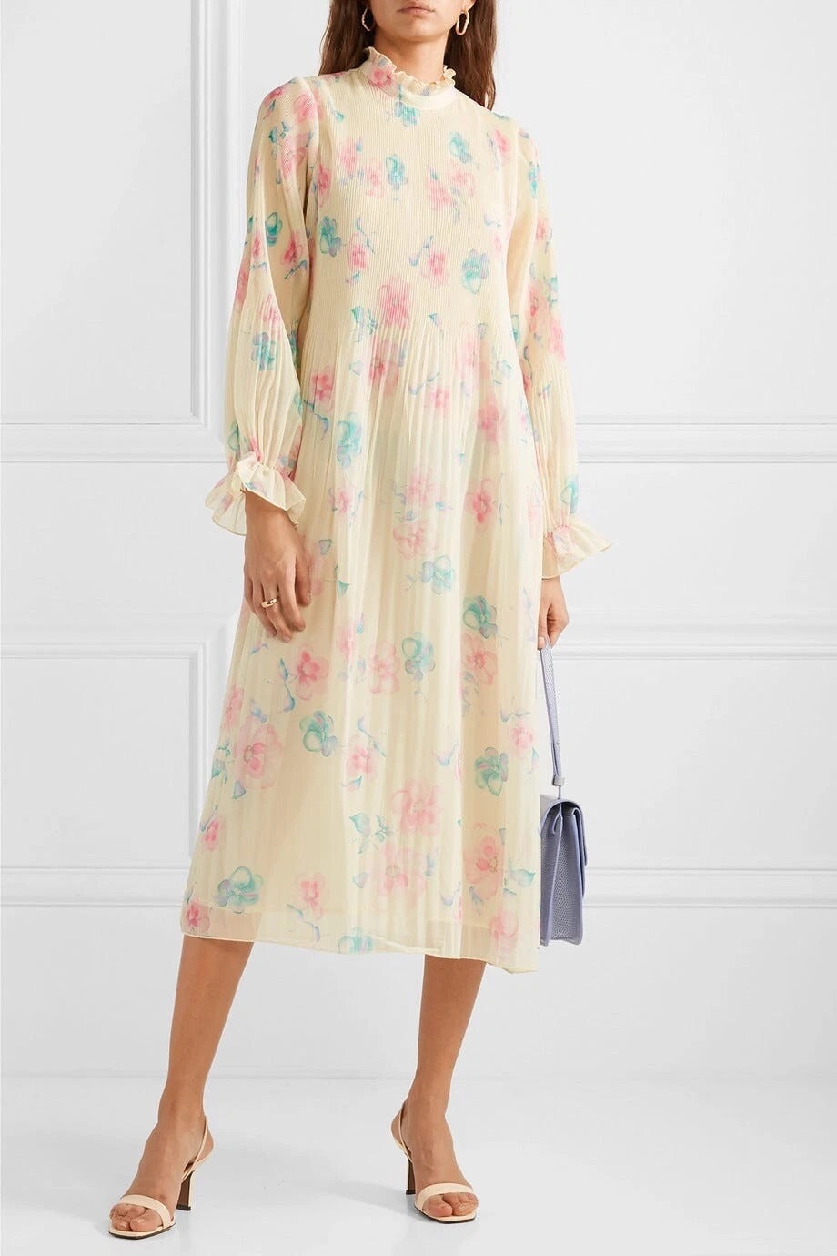 Ganni ruffled floral-print plissé-georgette midi dress