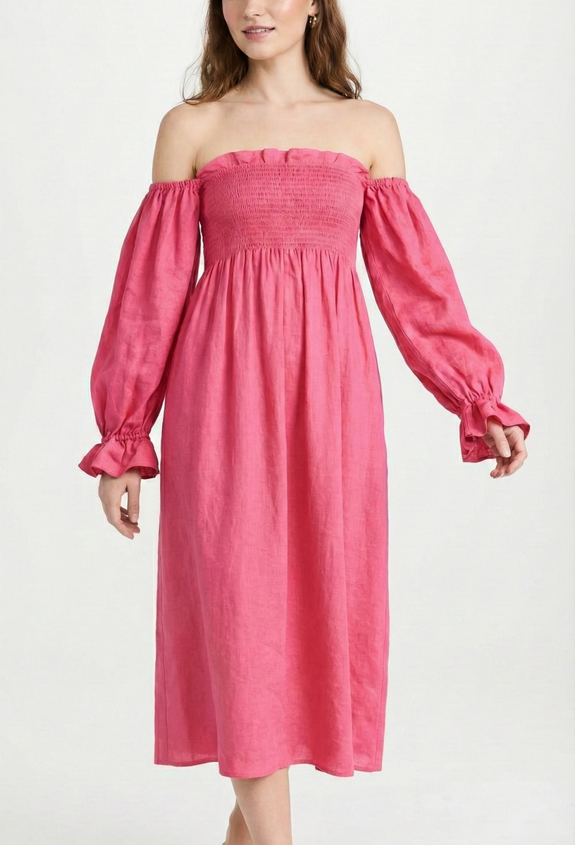 SLEEPER Atlanta Belted Smocked Linen Maxi Dress Pink
