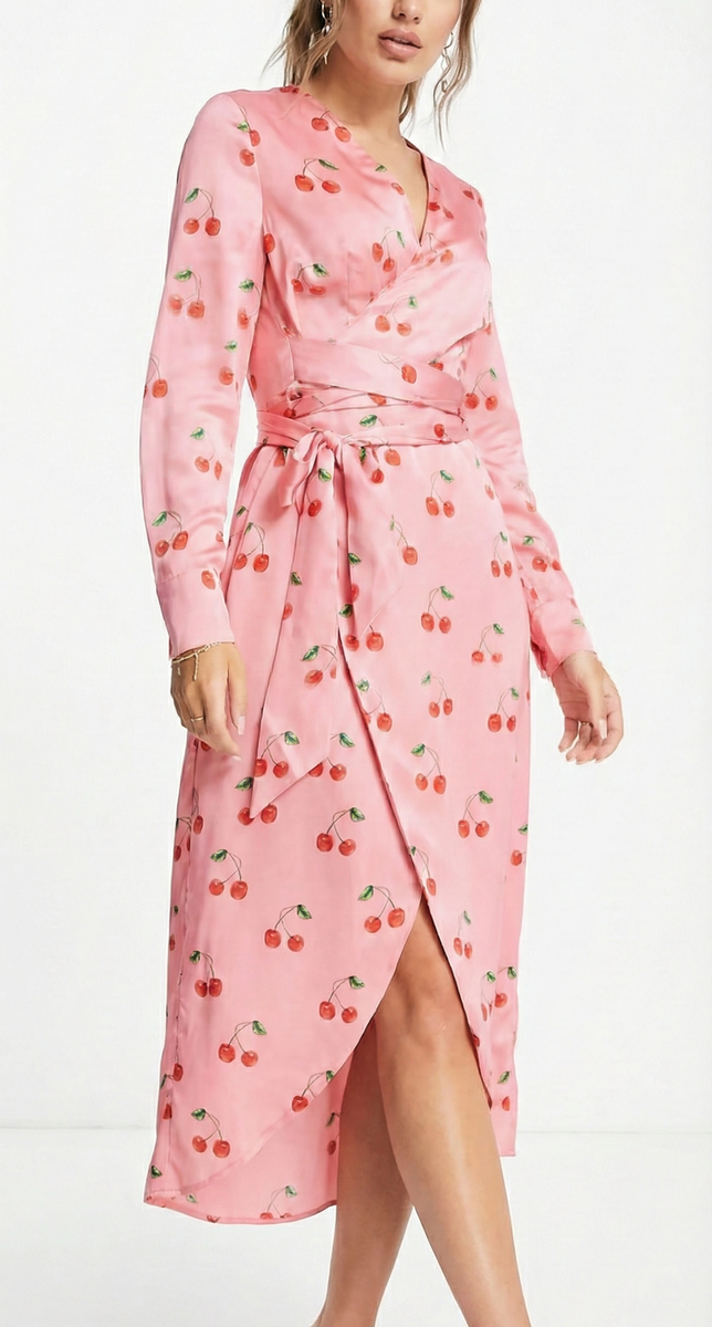 Cherry Pink and Red Satin Wrap Dress