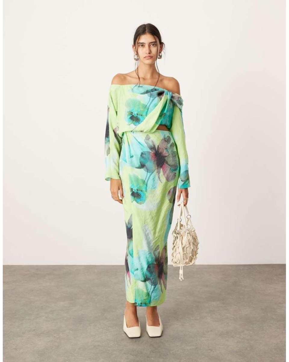 Asos Edition Off Shoulder Green Floral Dress