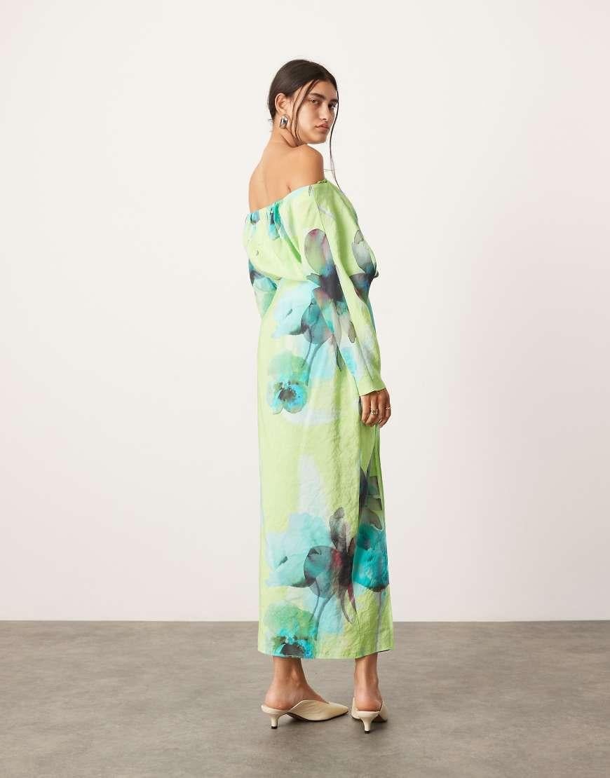 Asos Edition Off Shoulder Green Floral Dress