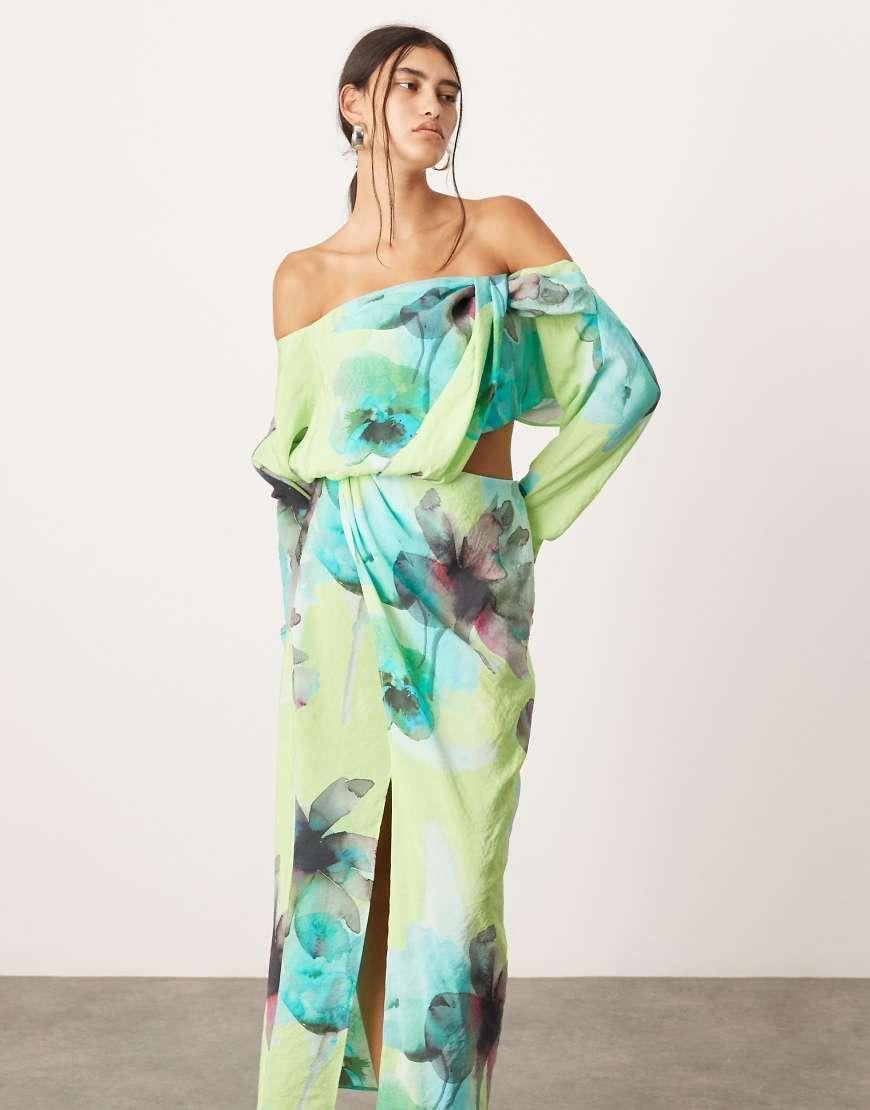 Asos Edition Off Shoulder Green Floral Dress