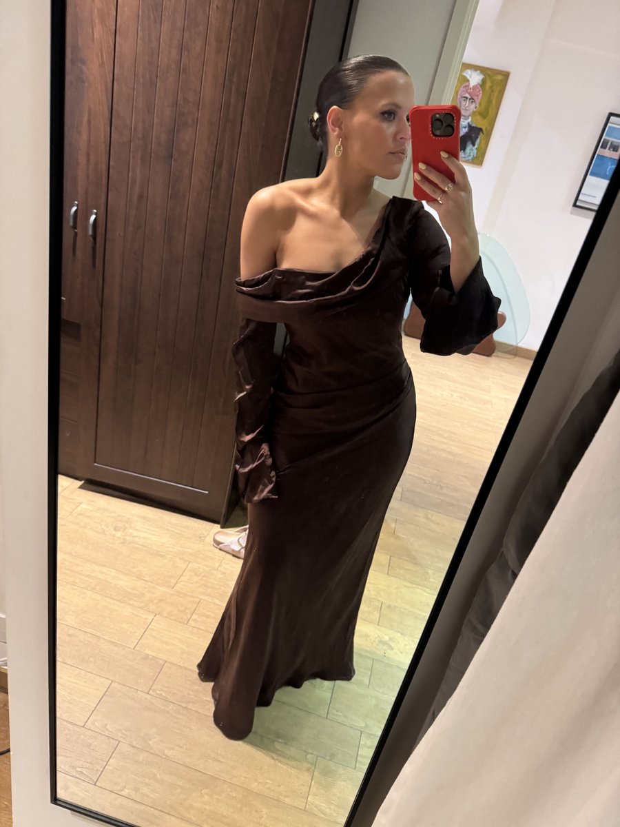 Meshki Satin Chocolate Brown Off-Shoulder Evening Dress
