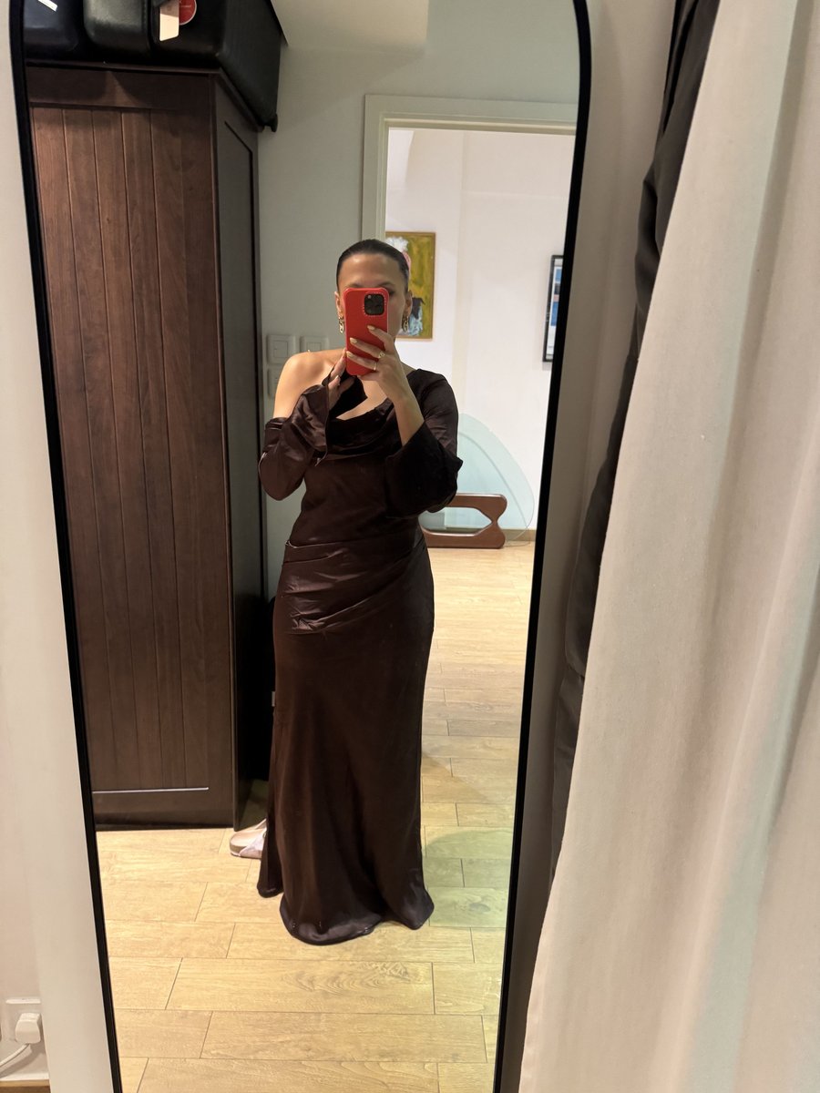 Meshki Satin Chocolate Brown Off-Shoulder Evening Dress