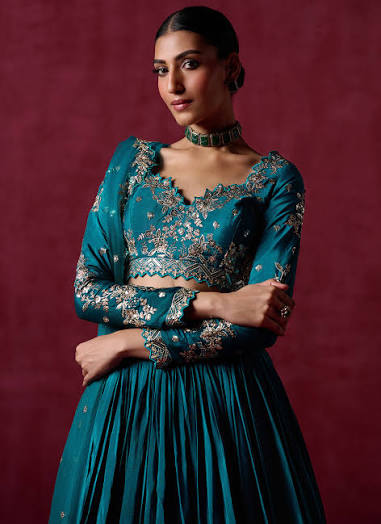 Teal Green Embroidered Crepe Silk Lehenga
