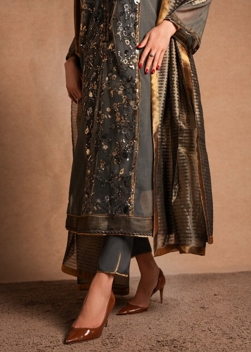 Grey & Gold Two-Piece Outfit - Shalwar Kameez