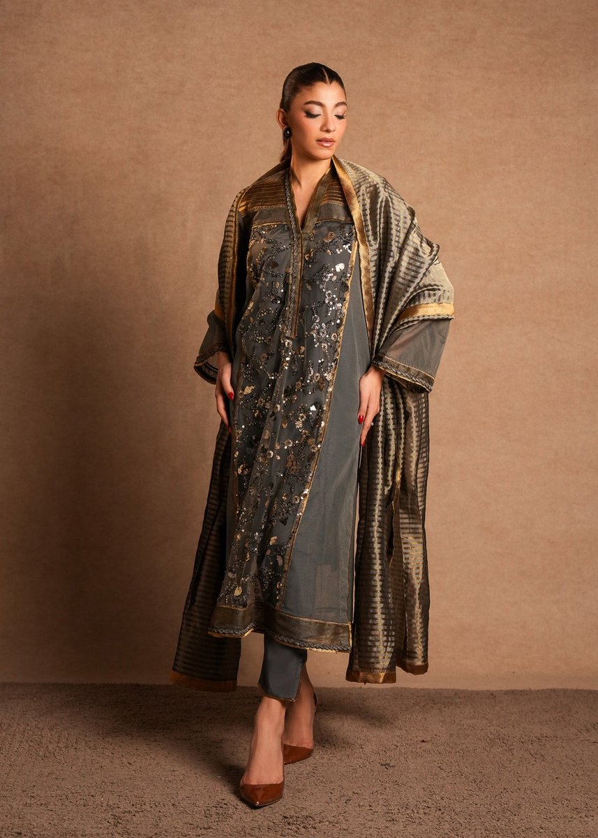 Grey & Gold Two-Piece Outfit - Shalwar Kameez