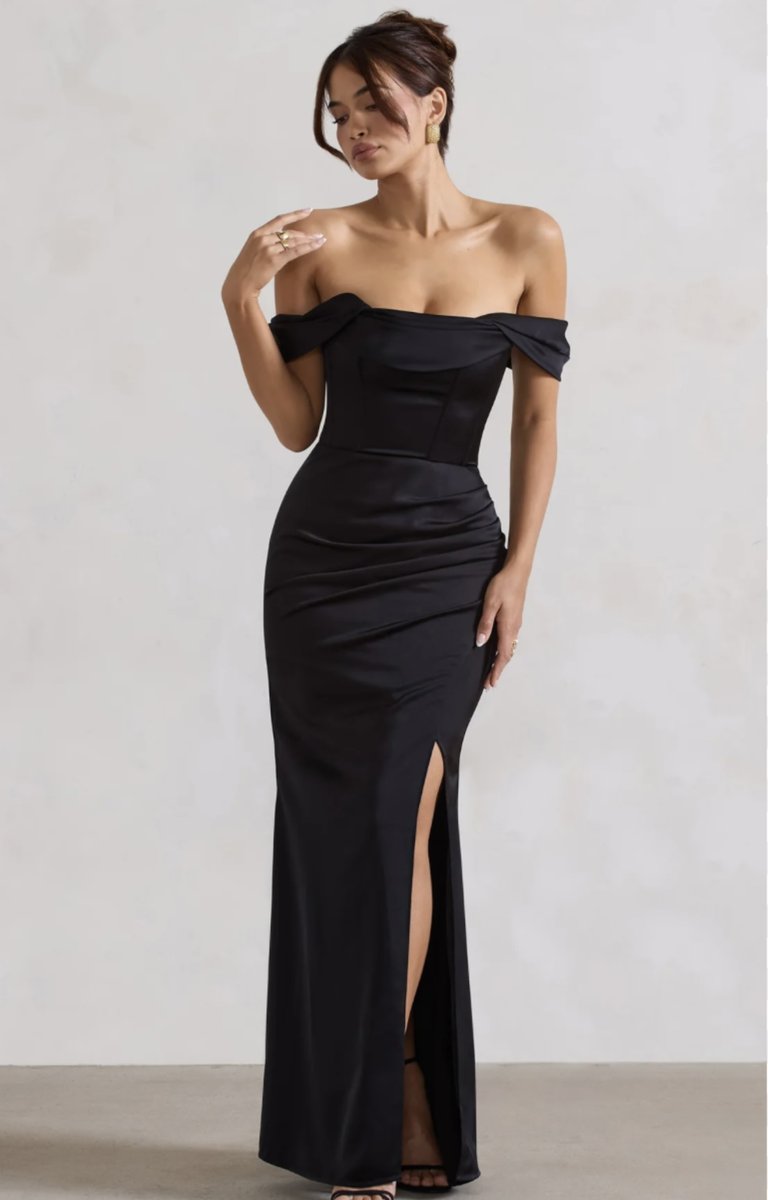 Black Bardot Satin Evening Gown