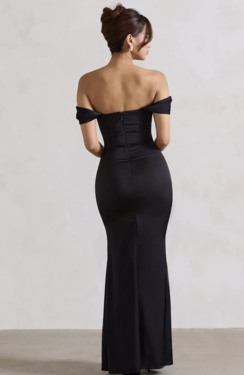 Black Bardot Satin Evening Gown