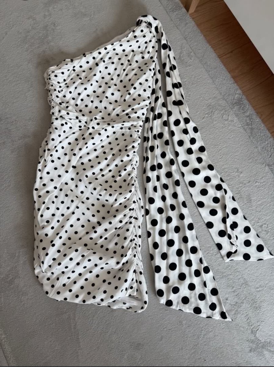 Black and white polka dot off the shoulder dress