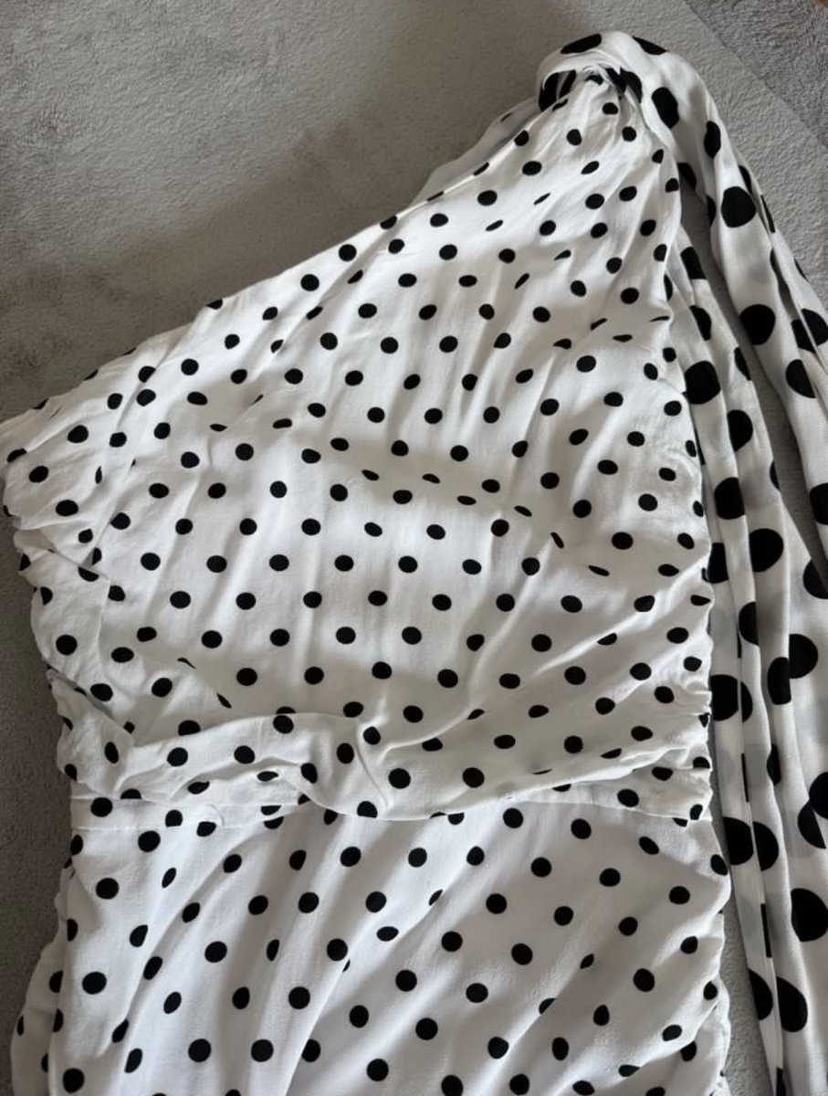 Black and white polka dot off the shoulder dress