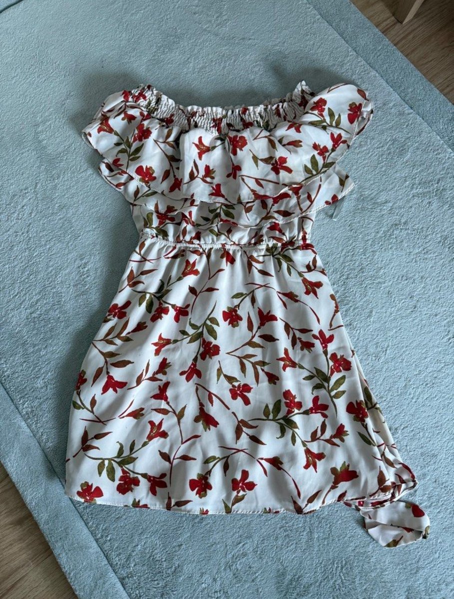 Off the shoulder red and white floral dress
