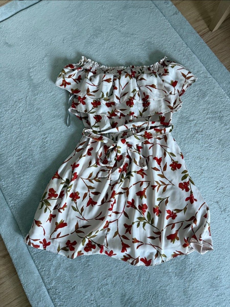 Off the shoulder red and white floral dress