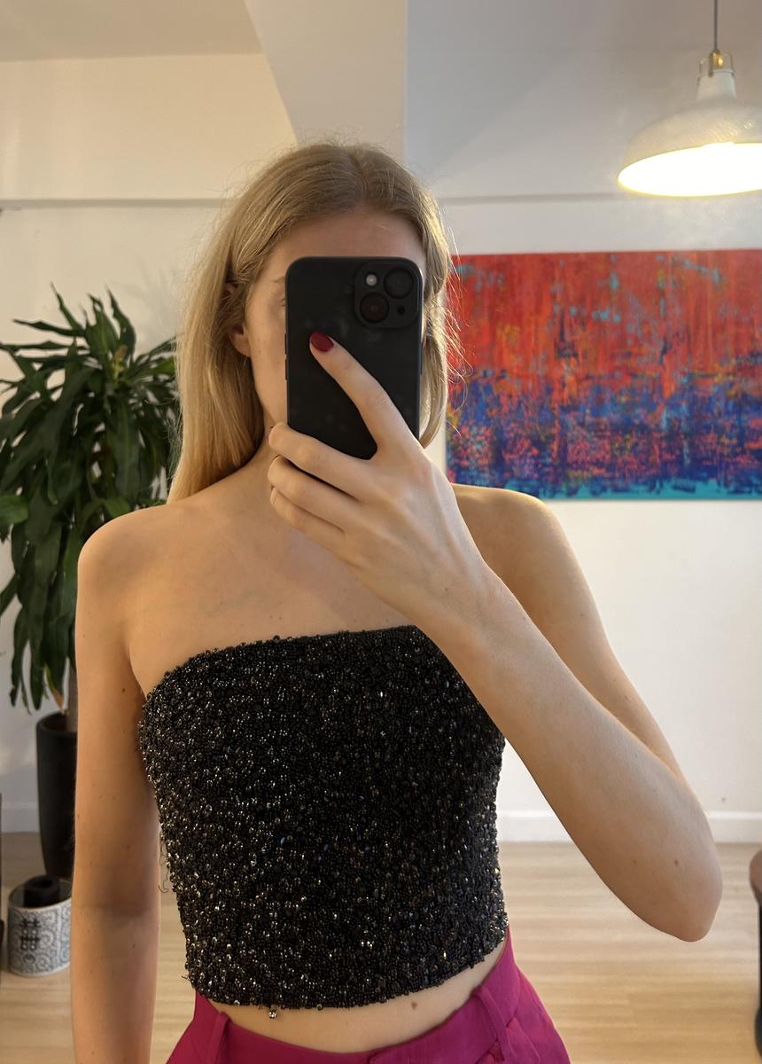 Alice + Olivia Strapless Black Beaded Top
