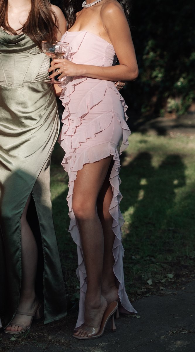 Nevali Bandeau Ruffle Detail Maxi Dress in Dusty Pink Oh Polly