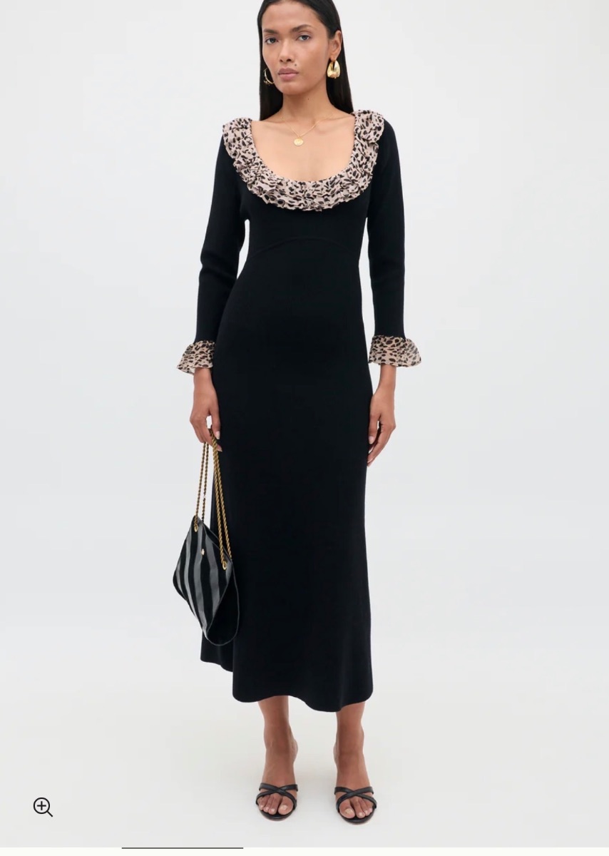 Rixo Mika Wool-Blend Dress with Leopard Trim
