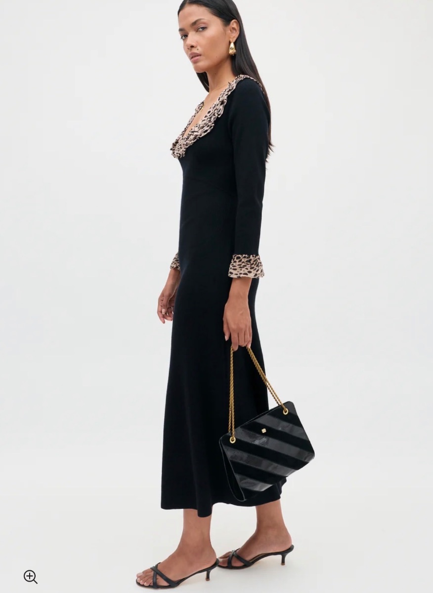 Rixo Mika Wool-Blend Dress with Leopard Trim