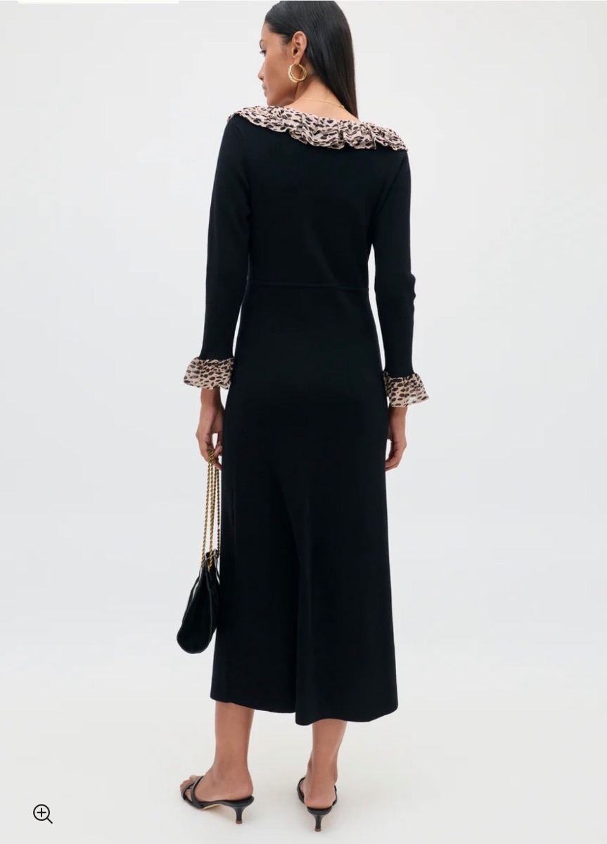 Rixo Mika Wool-Blend Dress with Leopard Trim
