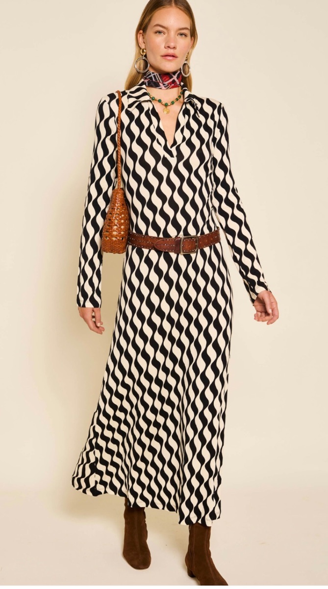 Rixo Mono-Wave Black and White Long Sleeve Dress