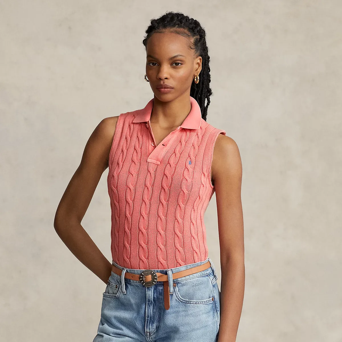 Coral Polo Knit Sleeveless Top