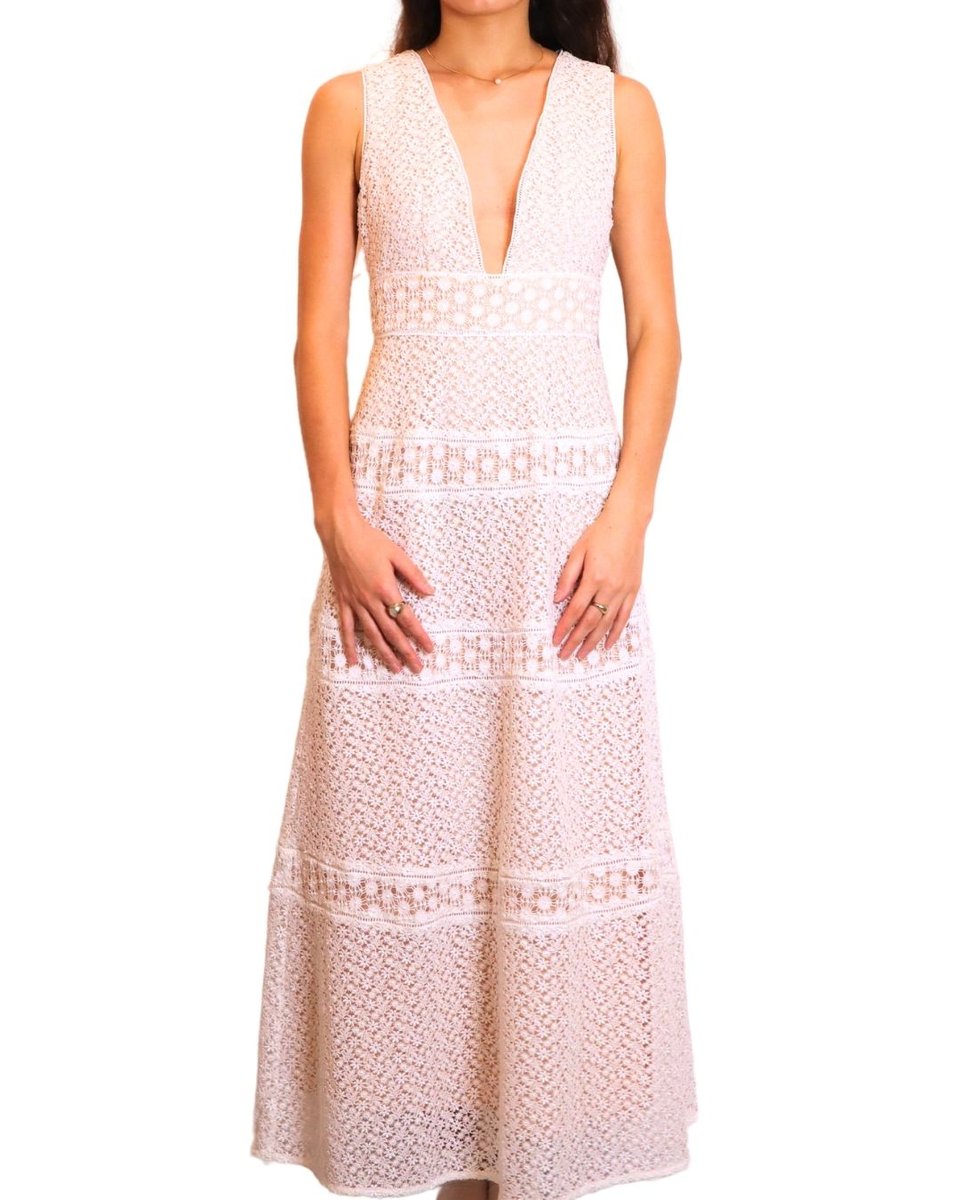 Sau Lee Long White Lace Dress