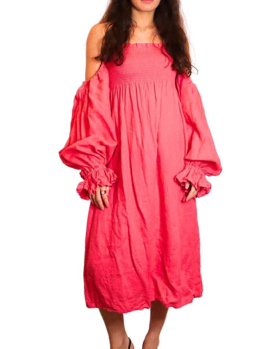 SLEEPER Atlanta Belted Smocked Linen Maxi Dress Pink