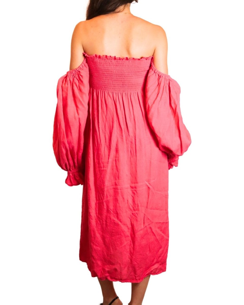 SLEEPER Atlanta Belted Smocked Linen Maxi Dress Pink
