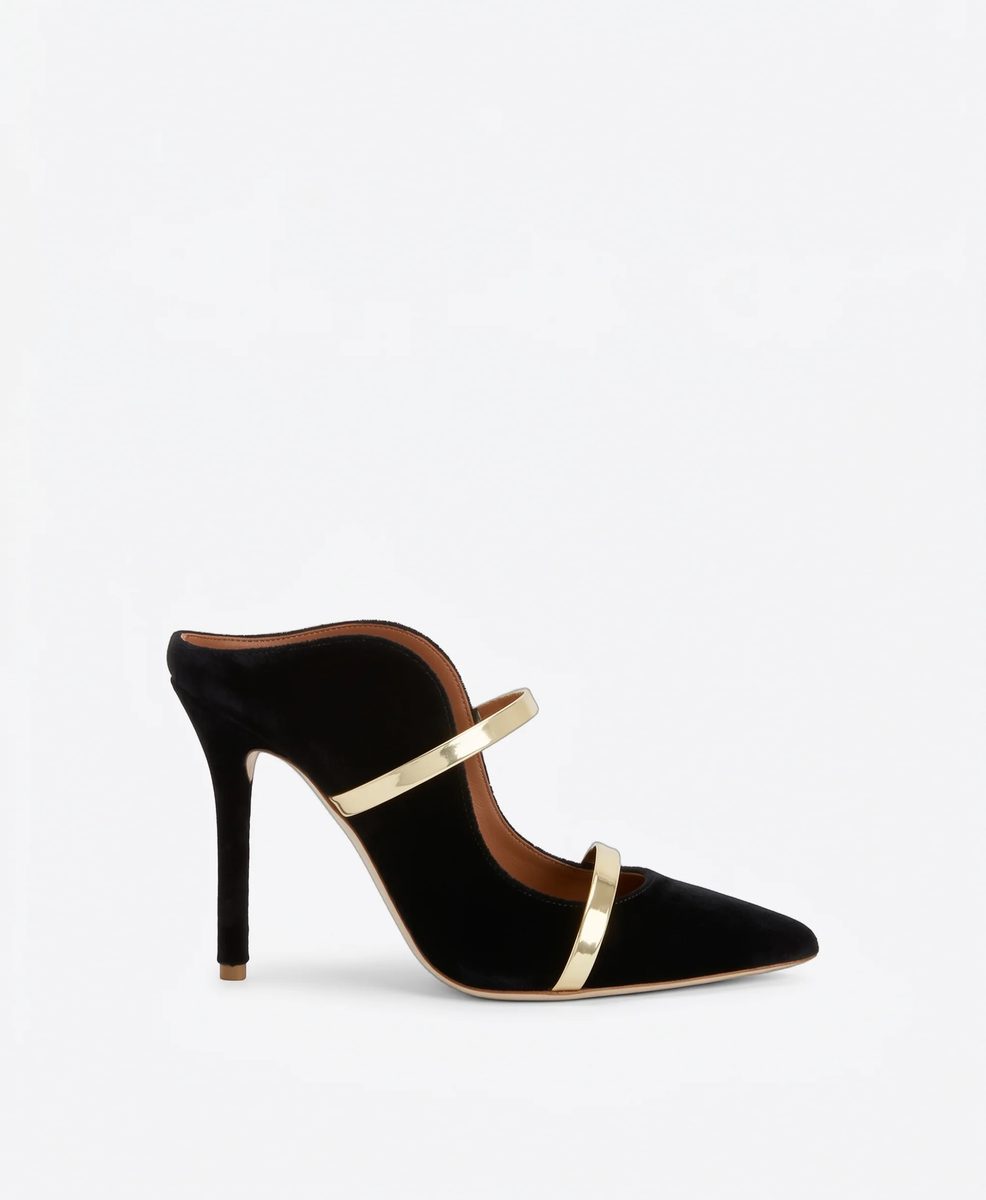 Malone Souliers Maureen Velvet Mules – Black with Gold Straps