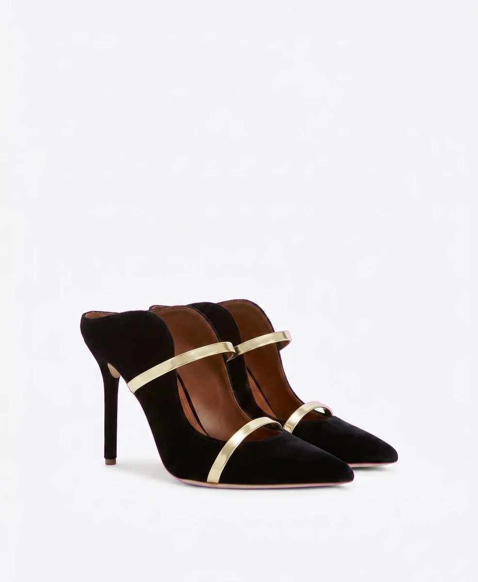 Malone Souliers Maureen Velvet Mules – Black with Gold Straps