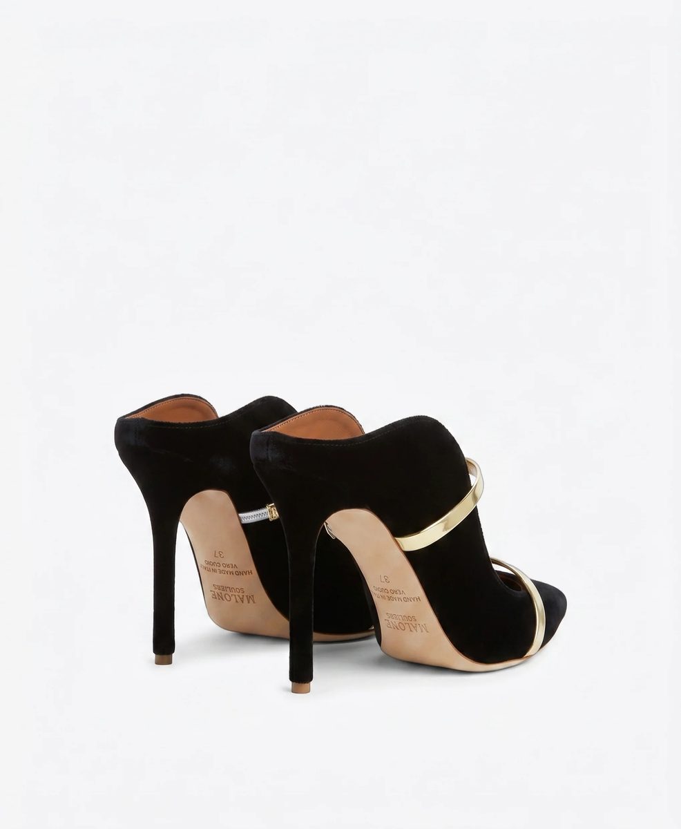 Malone Souliers Maureen Velvet Mules – Black with Gold Straps
