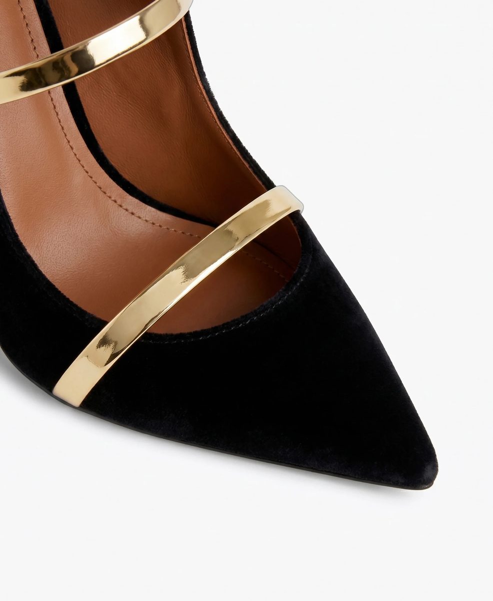 Malone Souliers Maureen Velvet Mules – Black with Gold Straps