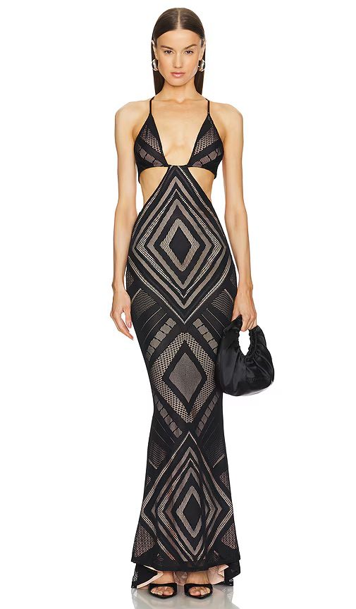 Michael Costello x Revolve Delilah Gown – Black Geometric Mesh