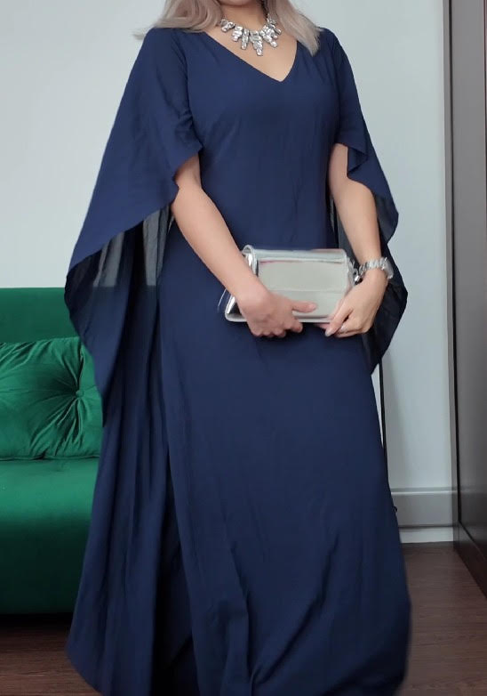 Navy Floor Length Two-Way Cape Dress US 8