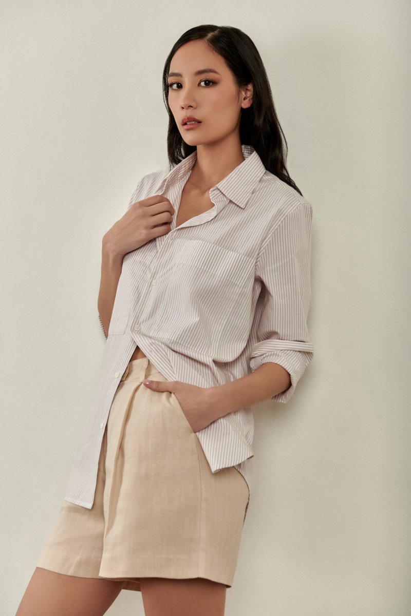 Millie Button Down Shirt - Beige White Stripe White