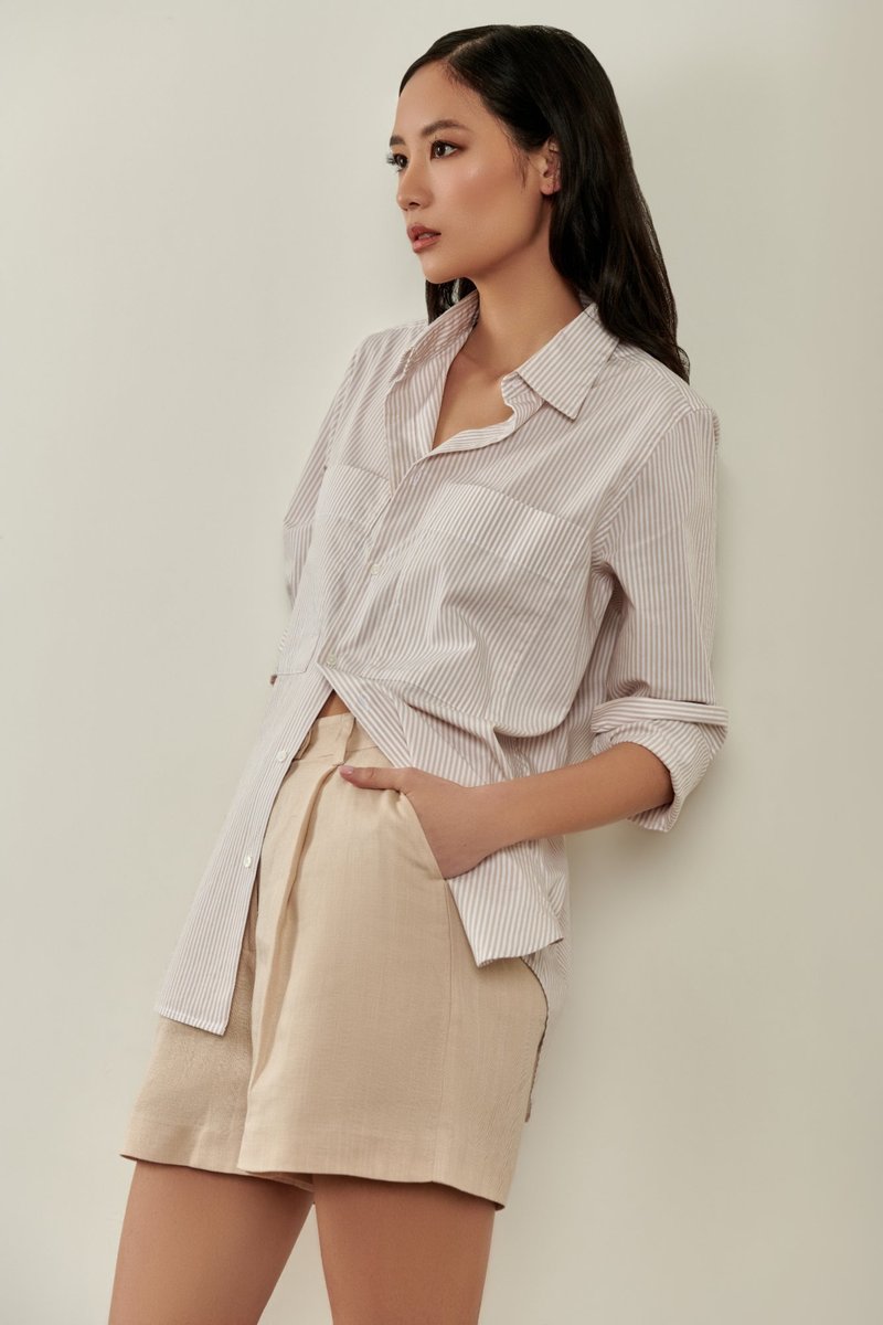 Millie Button Down Shirt - Beige White Stripe White