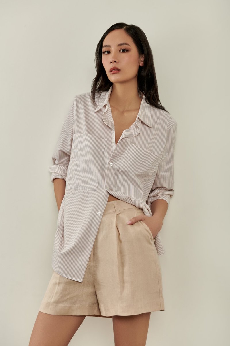Millie Button Down Shirt - Beige White Stripe White