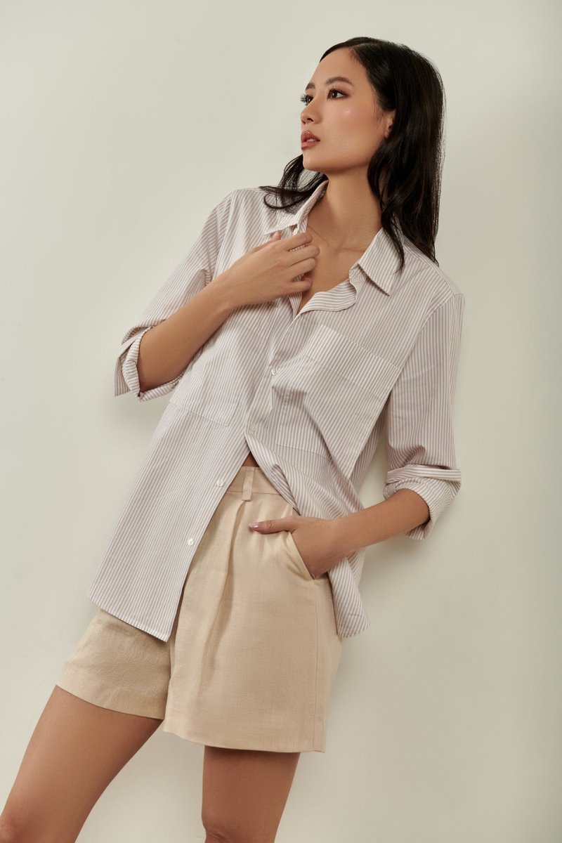 Millie Button Down Shirt - Beige White Stripe White