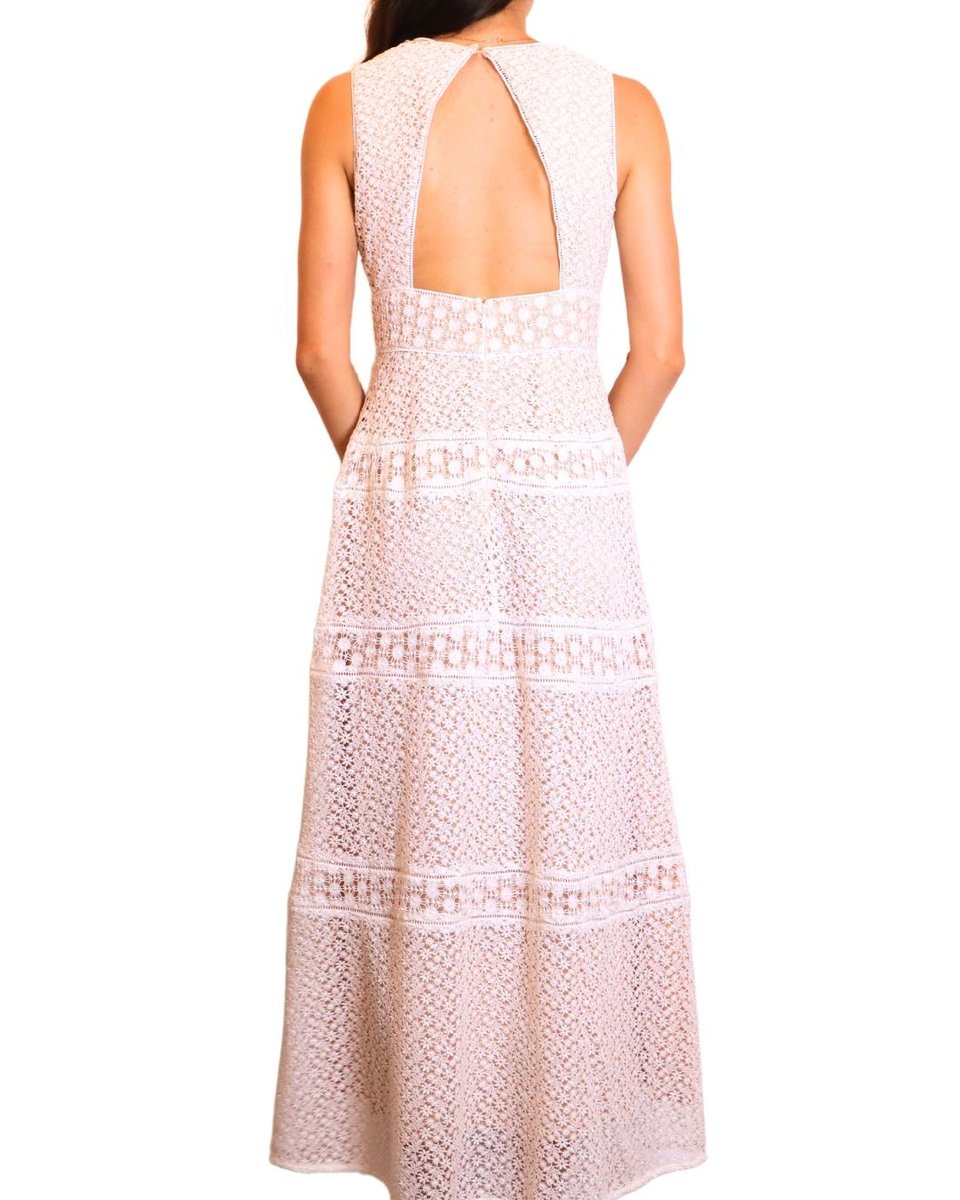 Sau Lee Long White Lace Dress