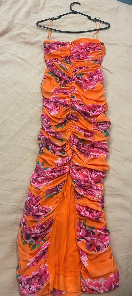 SAU LEE. Farrah ruched midi dress. Pink/Orange. Size US2/UK6