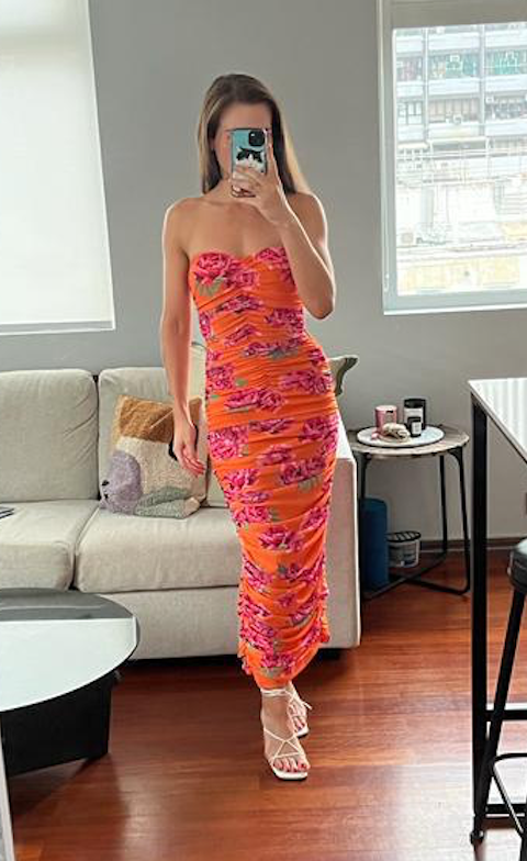 SAU LEE. Farrah ruched midi dress. Pink/Orange. Size US2/UK6