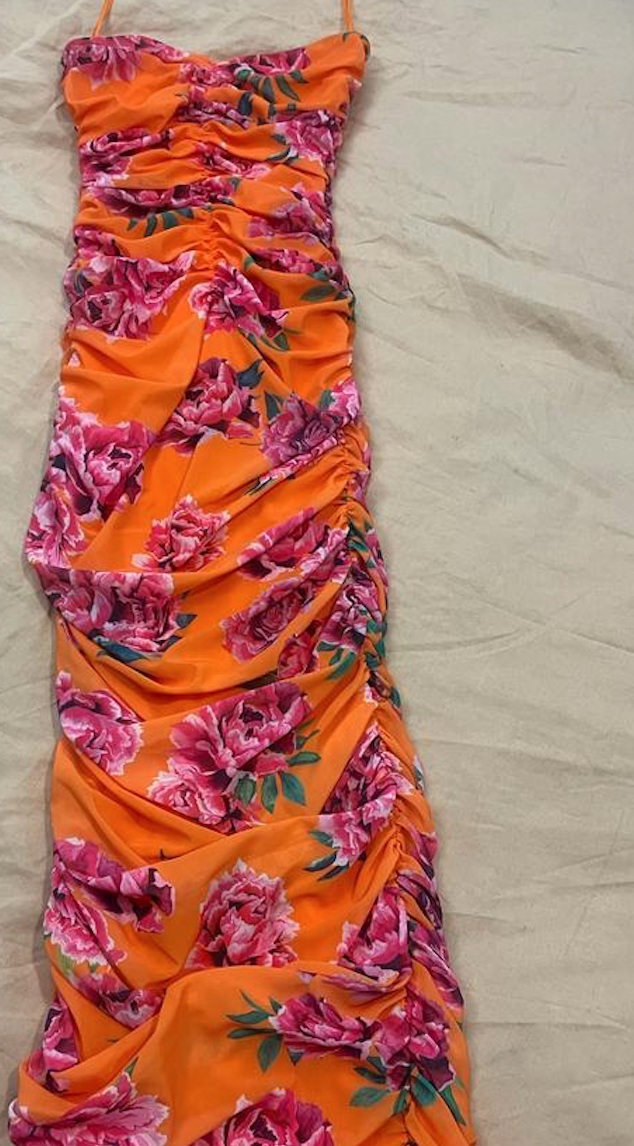 SAU LEE. Farrah ruched midi dress. Pink/Orange. Size US2/UK6