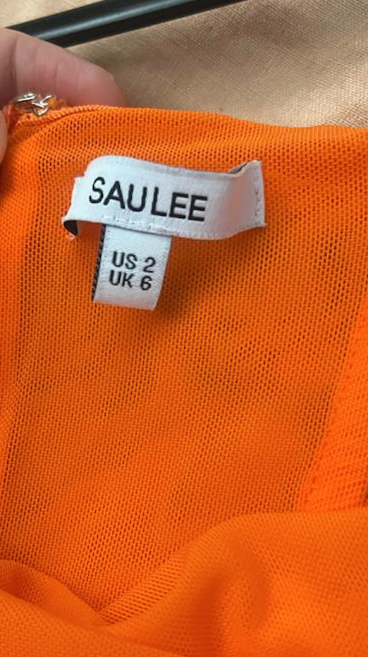 SAU LEE. Farrah ruched midi dress. Pink/Orange. Size US2/UK6
