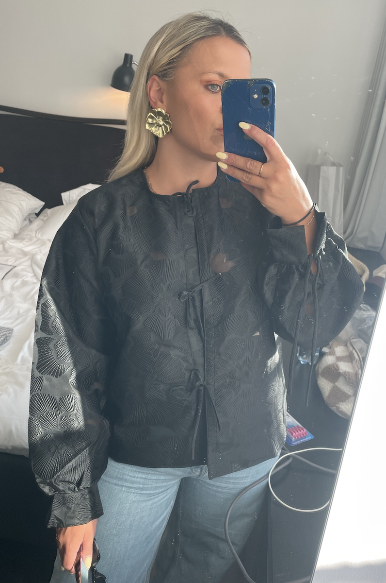Semi-sheer Black Tie-front Blouse