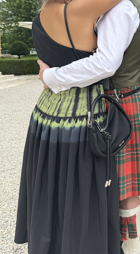 Moonray one-shoulder black and green dress