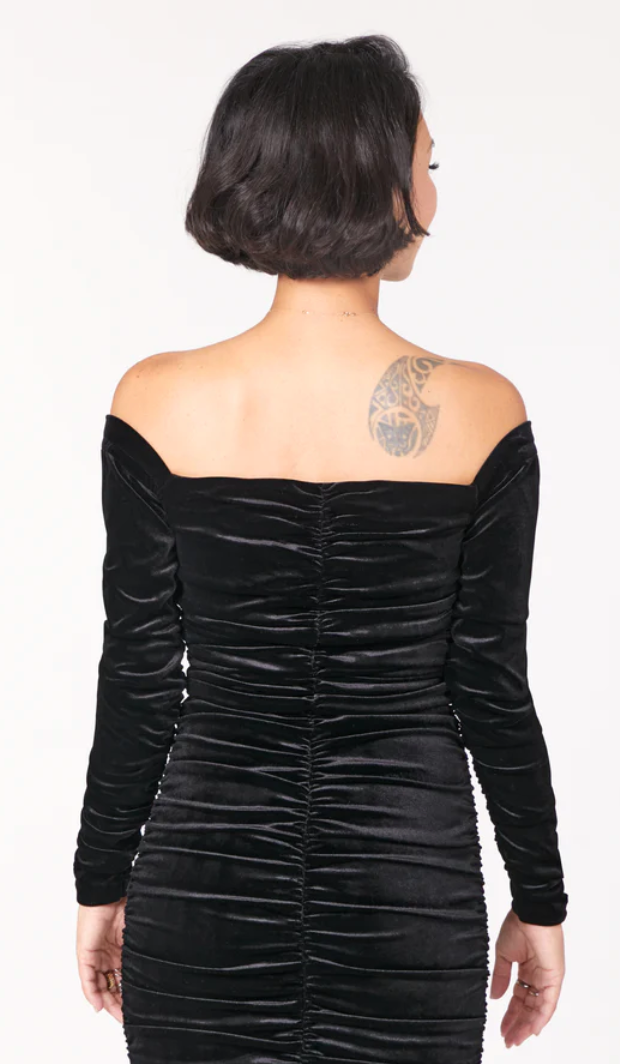 Velvet Off-shoulder Ruched Dress