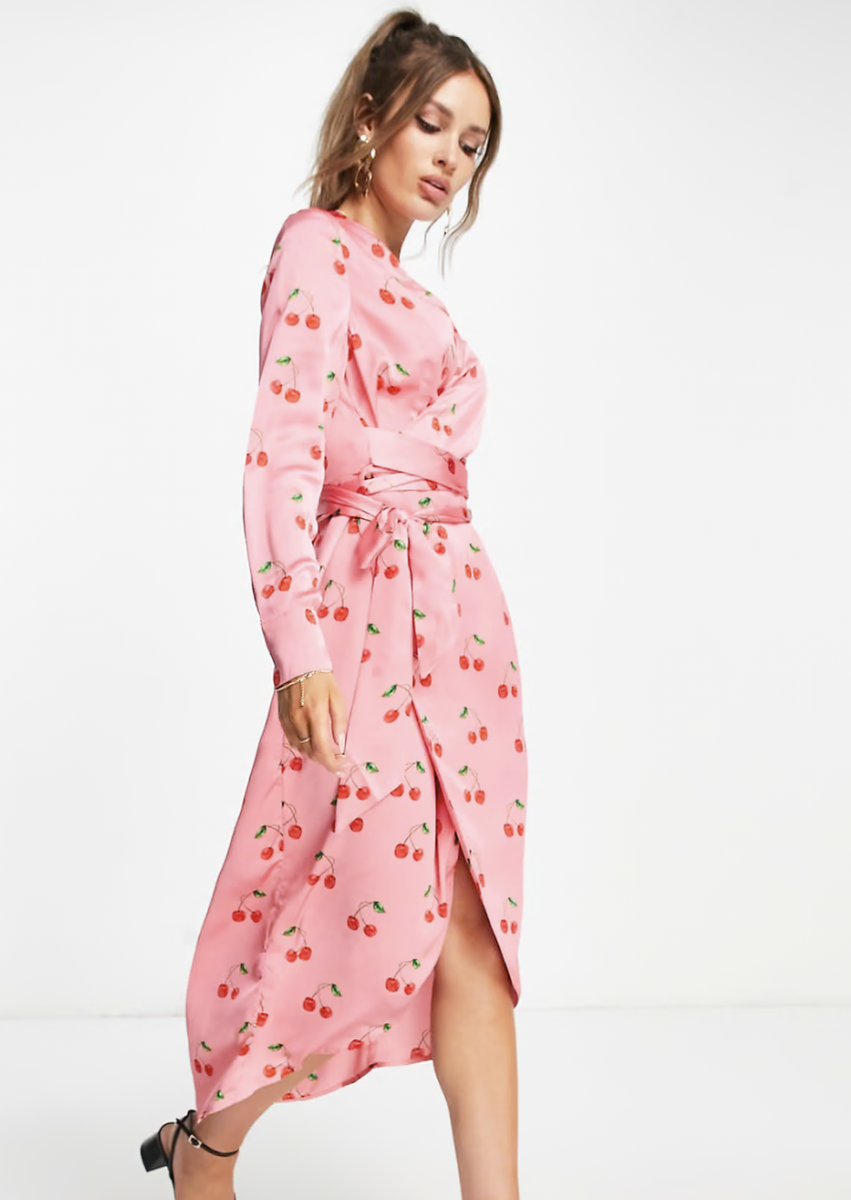 Cherry Pink and Red Satin Wrap Dress