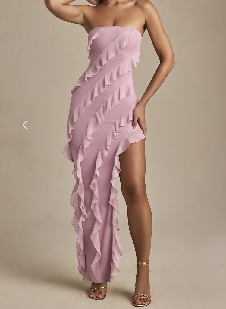 Nevali Bandeau Ruffle Detail Maxi Dress in Dusty Pink Oh Polly